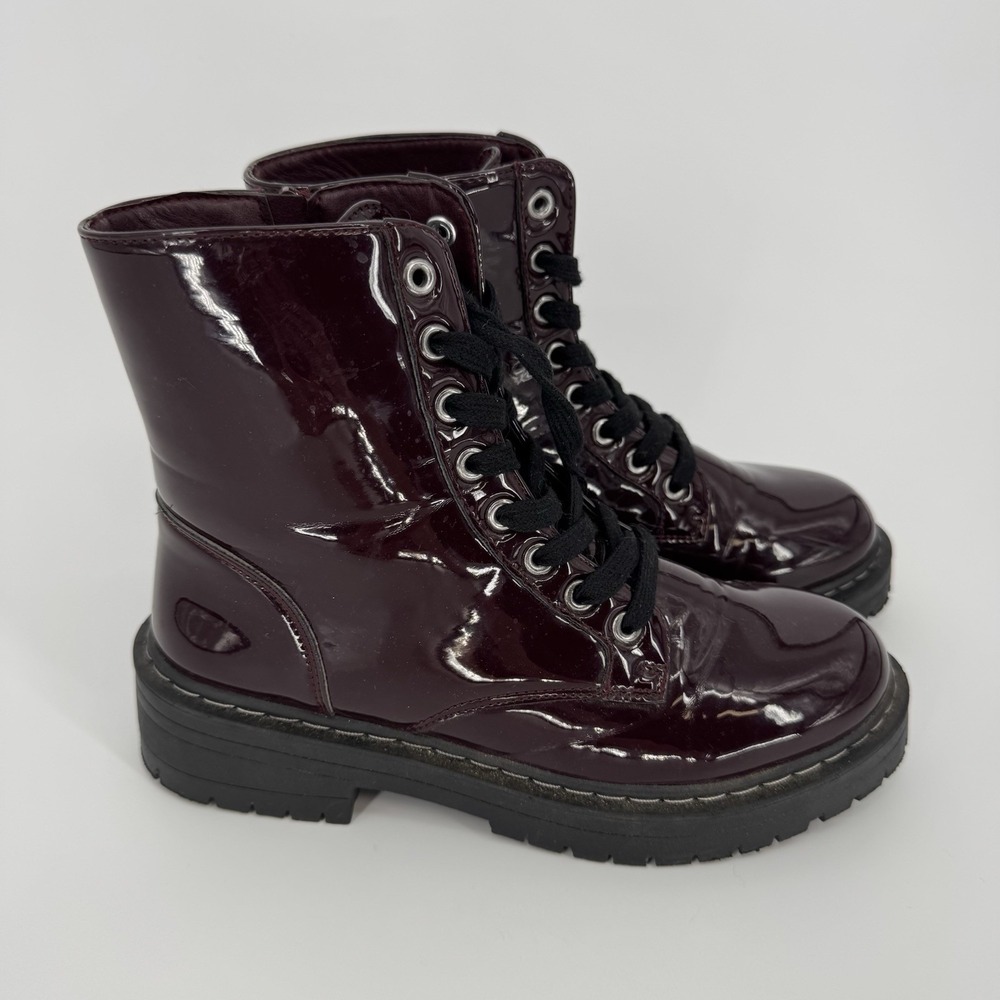 True Craft Combat Boots Women's 7.5 Faux Patent Leather Burgundy Lace Upâ